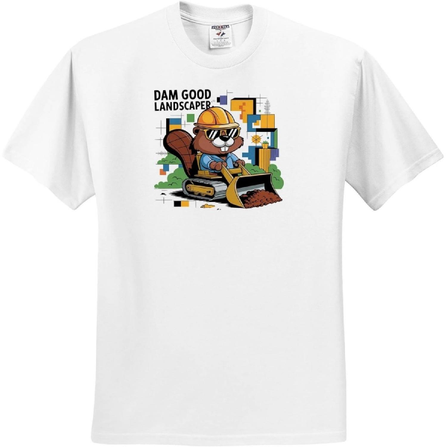3dRose, Funny Cute Beaver Driving Bulldozer Dam Good Landscaper Pun, T-Shirt XXXXXL белый