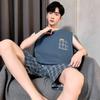 Baumwolle Herren Pyjama Weste Shorts Ärmellos Student Loungewear Pflegeleicht Rundhals Pullover Karoshorts 2-teiliges/Set