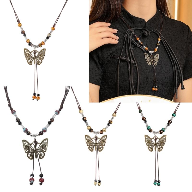 Vintage Wax Rope Handmade Ceramics Beads Butterfly Pendant Necklace For Lovers Women Sweater Chain Aesthetic Jewelry