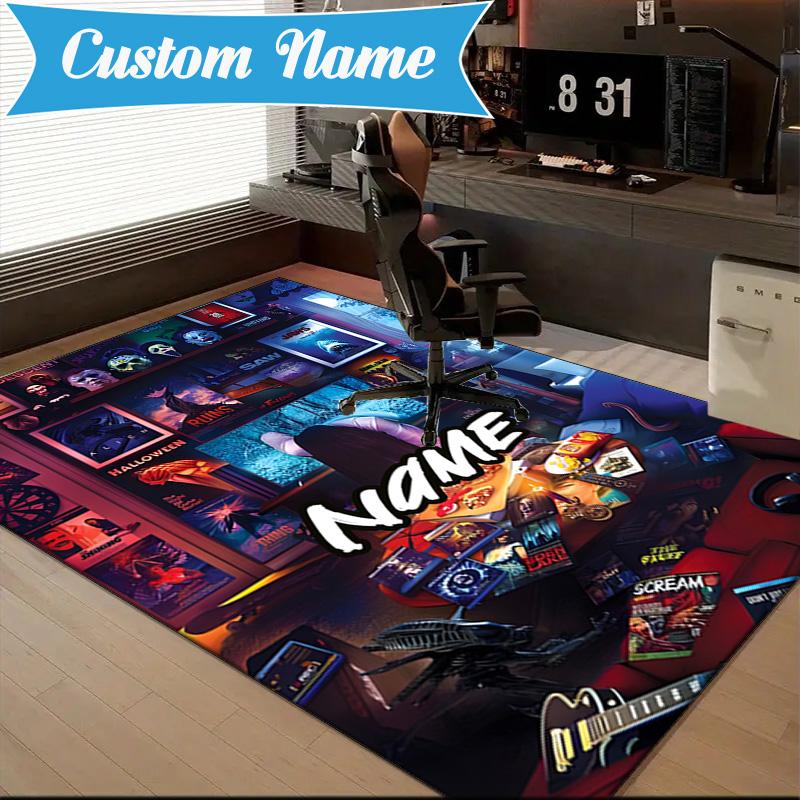 Custom Name orror characters Collage Rug for Living Room, Game Rooms, Office, Bedroom, Floor Mat Playful Design, fan gifts Christmas decor