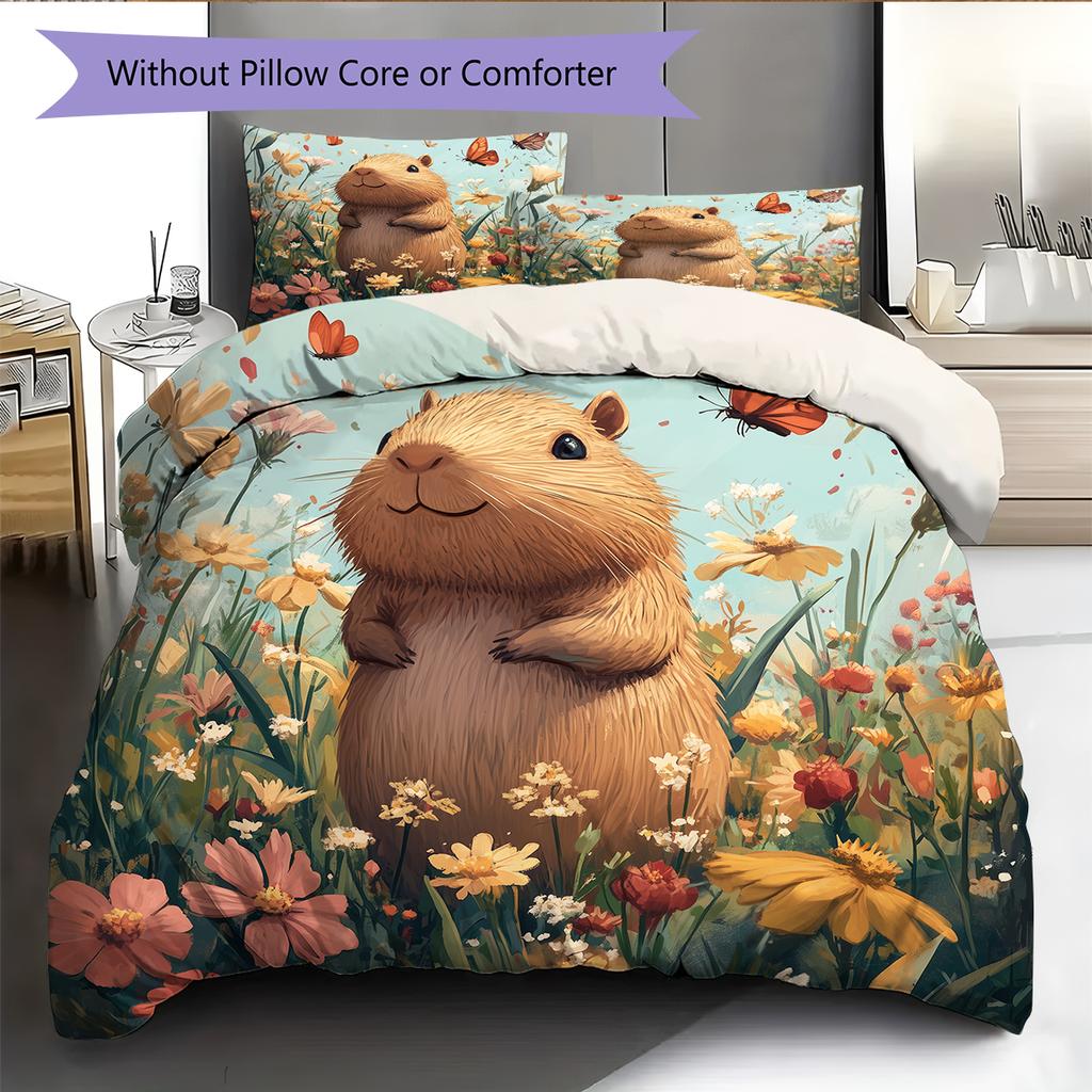 Capybara und Grasland Muster Bettwäsche Heimdekoration Geburtstagsgeschenk (1 Bettbezug + 2 Kissenbezüge, ohne Füllung)