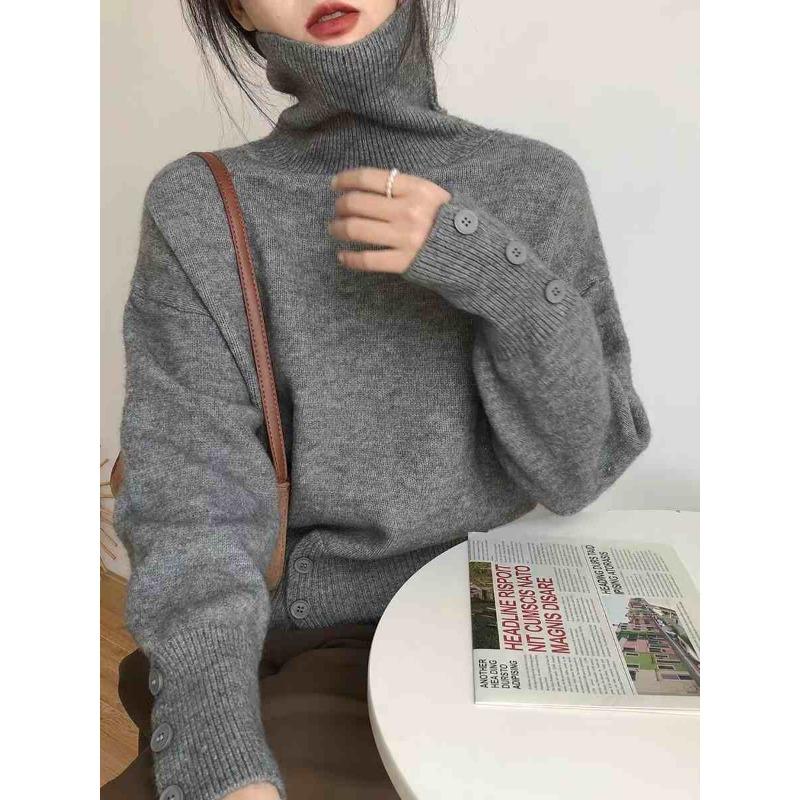 Autumn Winter New Turtleneck Long Sleeve Pullover Sweater for Women Elegant 2025 Fashion Loose Hem Button Sweaters Office Casual Knit Top Clothing
