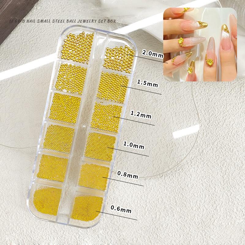 

12 ячеек Нейл-арт Крошечные стальные бусины 0,6-2 мм Смешанный размер 3D-дизайн Золото Серебро Ювелирные изделия Советы для маникюра Шарм Микрошарики DIY Декор золотой
