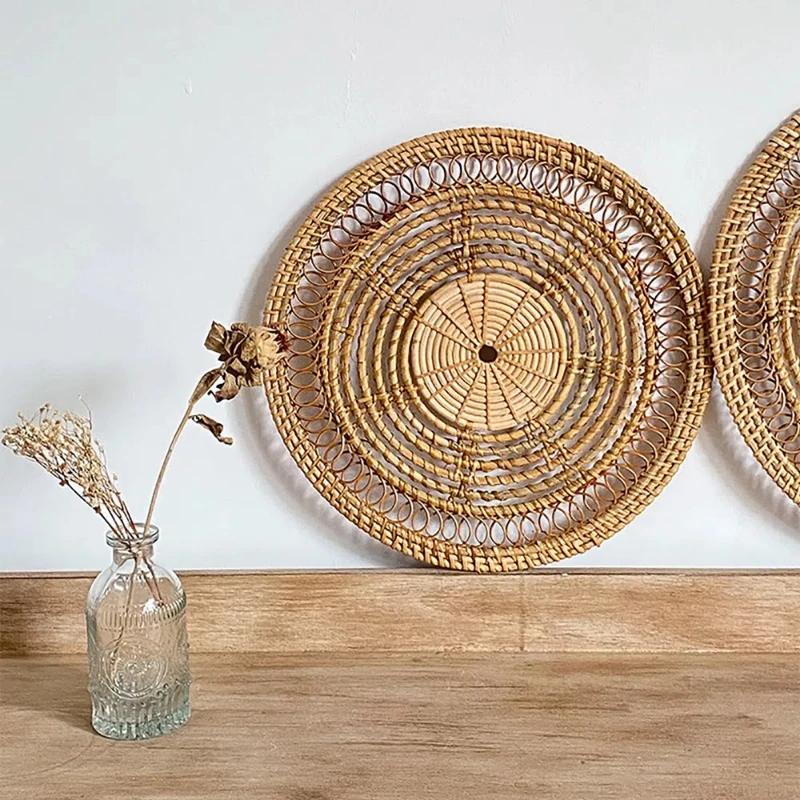 Round Wicker Tray Rattan Woven Wall Hanging Bohemian Country Style Handmade Wall Decor For Living Room Bedroom Wall Display