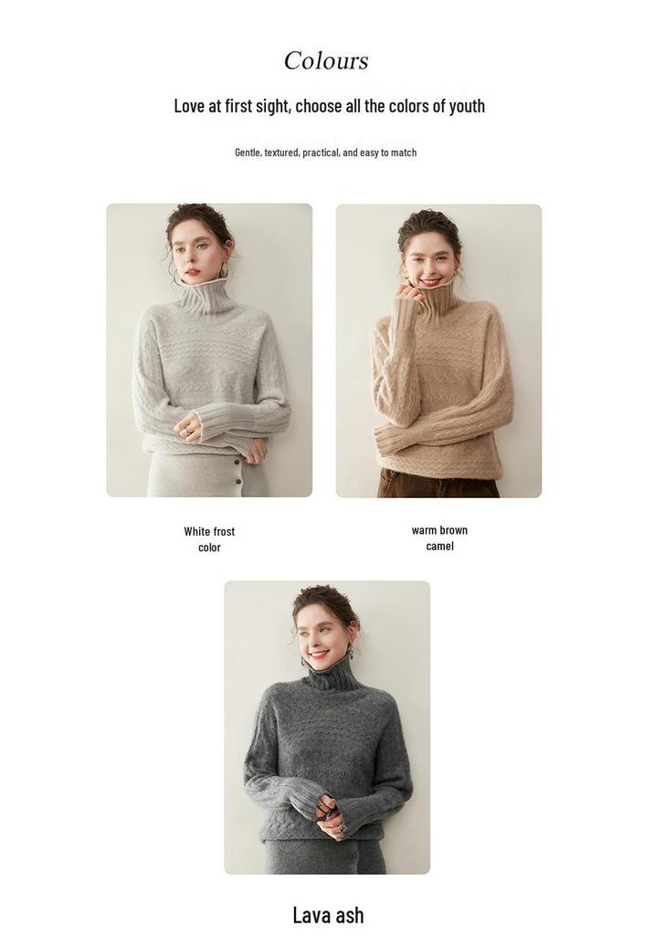 Autumn Winter Retro Cable Knit High Neck Cashmere Women's Sweater - Loose Fit, Solid Color Pullover
