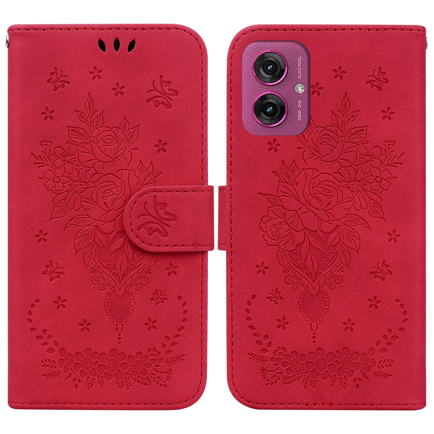 

For Motorola Moto G55 5G Case PU Leather Wallet Phone Cover Butterfly Flower Imprint Red