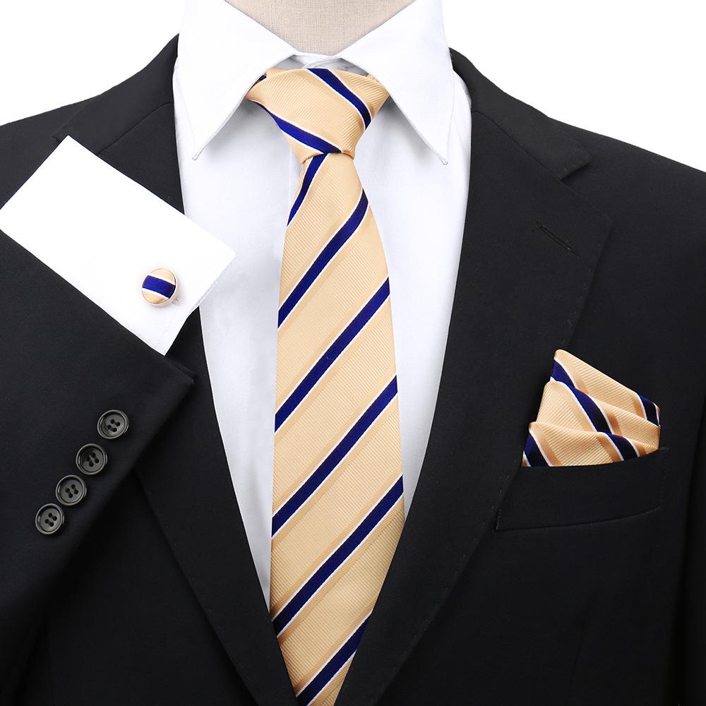 Men's Black Striped 3-Piece Gift Set: Hand-Tied 8cm Tie with Pocket Square & Cufflinks