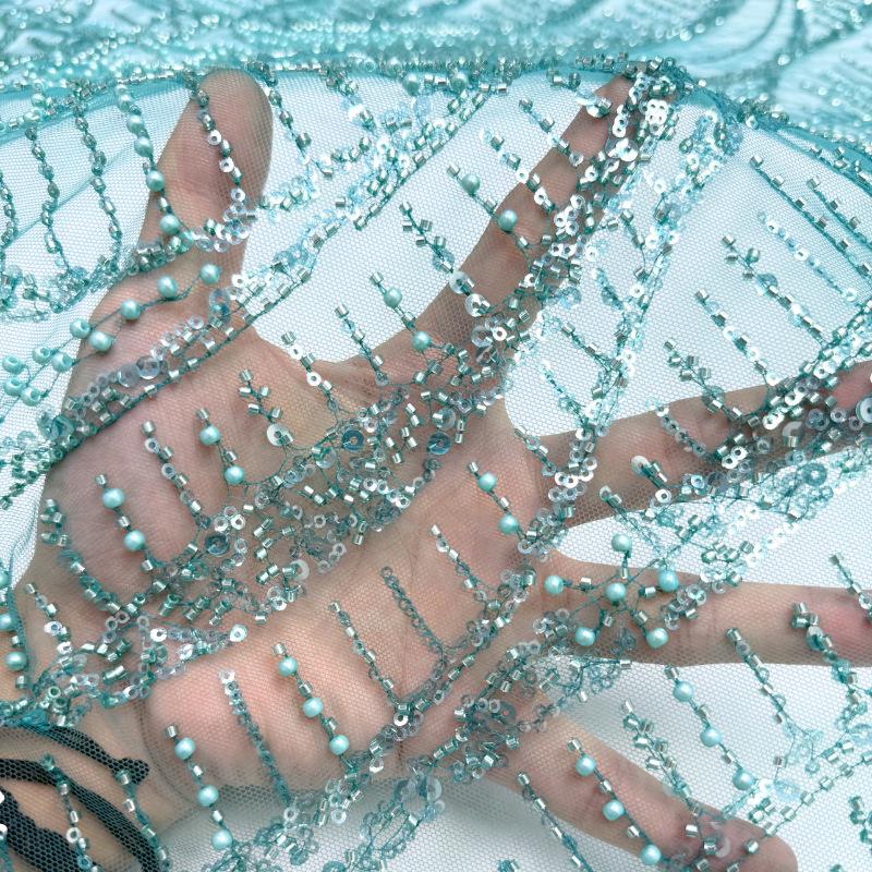 1 yard Mesh Lace Fabric With Bead Sequin Chain Stitch Embroidery for Dance Wedding Dress Patchwork Material Tulle Fabric Golden