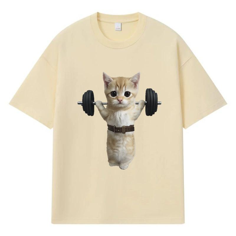 2026 Cat Lifting Dumbbell Printed Graphic Y2k Harajuku Streetwear 100% Cotton T Shirt Casual Oversized Summer Men T-shirt