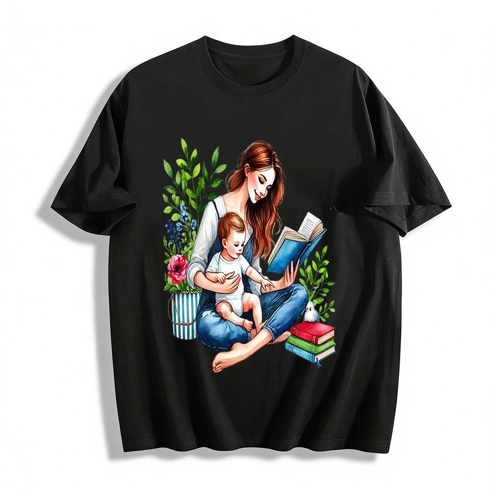 Mommy And Baby Reading Time Graphic Casual Top Pure cotton T-shirt XXS