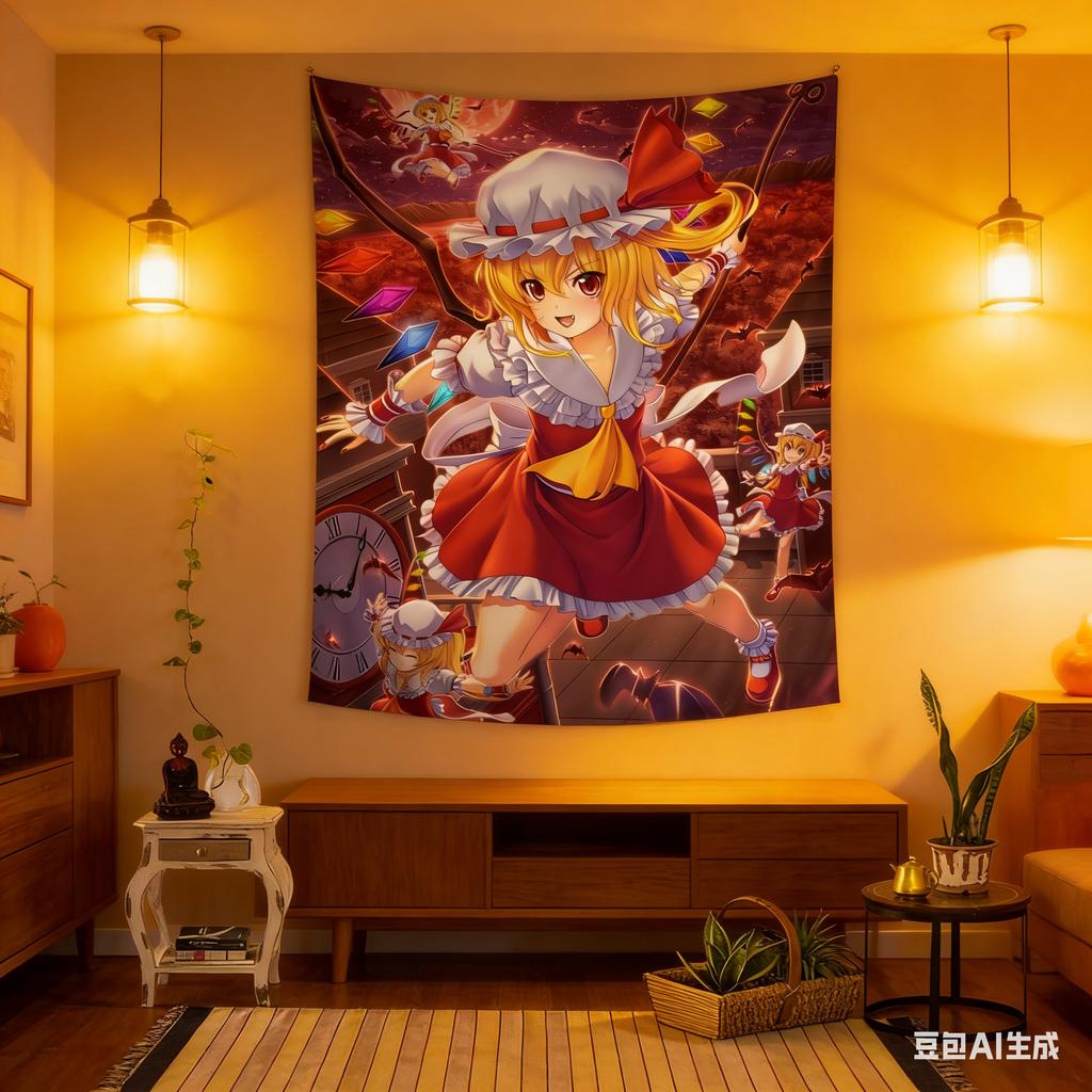 Touhou Project Flandre Scarlet Anime Tapestry, Kawaii Anime Girl Print, Red Purple Wall Hanging For Bedroom & Anime Themed Decor