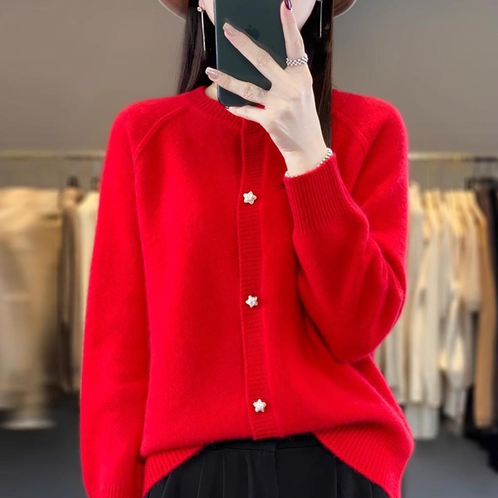 Women's Knit Cardigan with Round Neck and Star Buttons