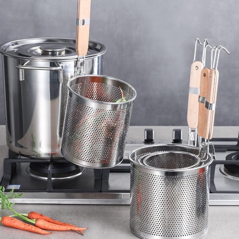 Mestolo per Noodles Ispessito in Acciaio Inossidabile con Manico in Legno - Cucchiaio Forato per Mala Tang e Scolatura Verdure