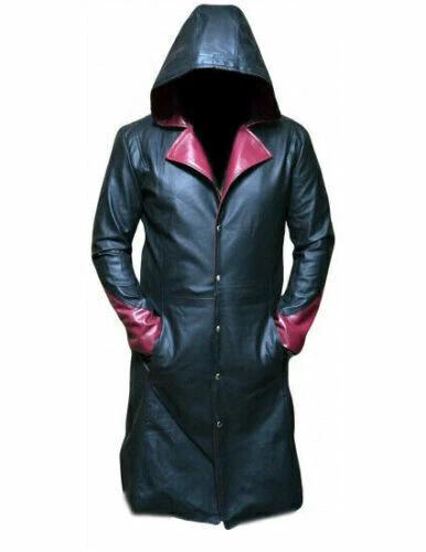 Black Men Halloween Lambskin Leather Trench Coat Handmade Hooded Stylish Formal