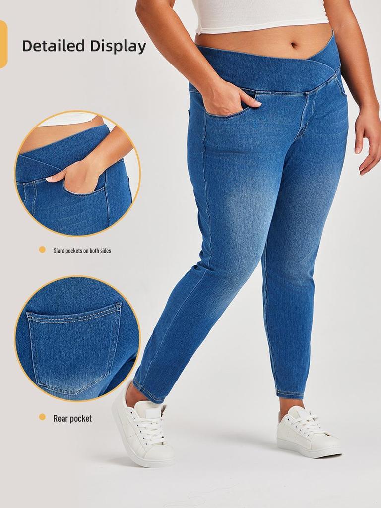Cross-Waist Plus Size Skinny Jeans with Butt-Lifting Pockets & Monkey Wash