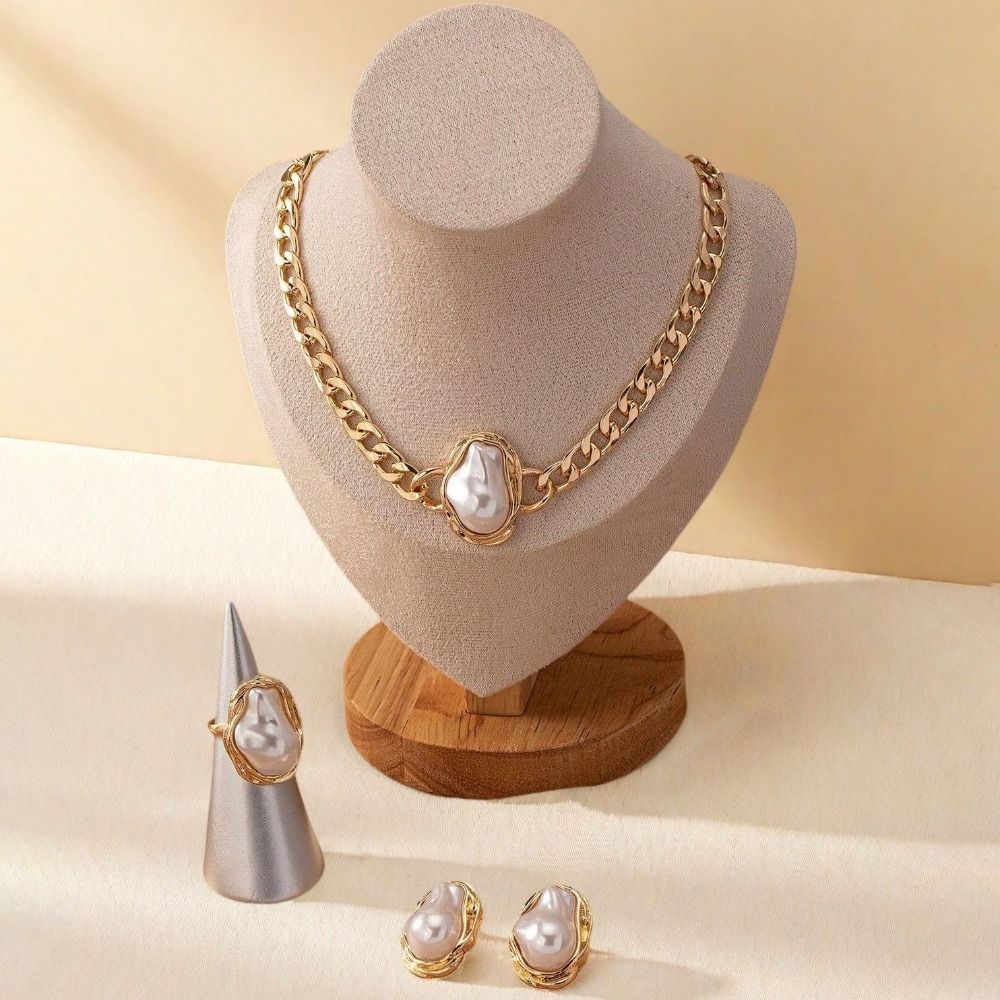 5Pcs Irregular Vintage Jewelry Suit Pearl Necklace Bracelet Ring Suit Clavicle Chain Set  Girls