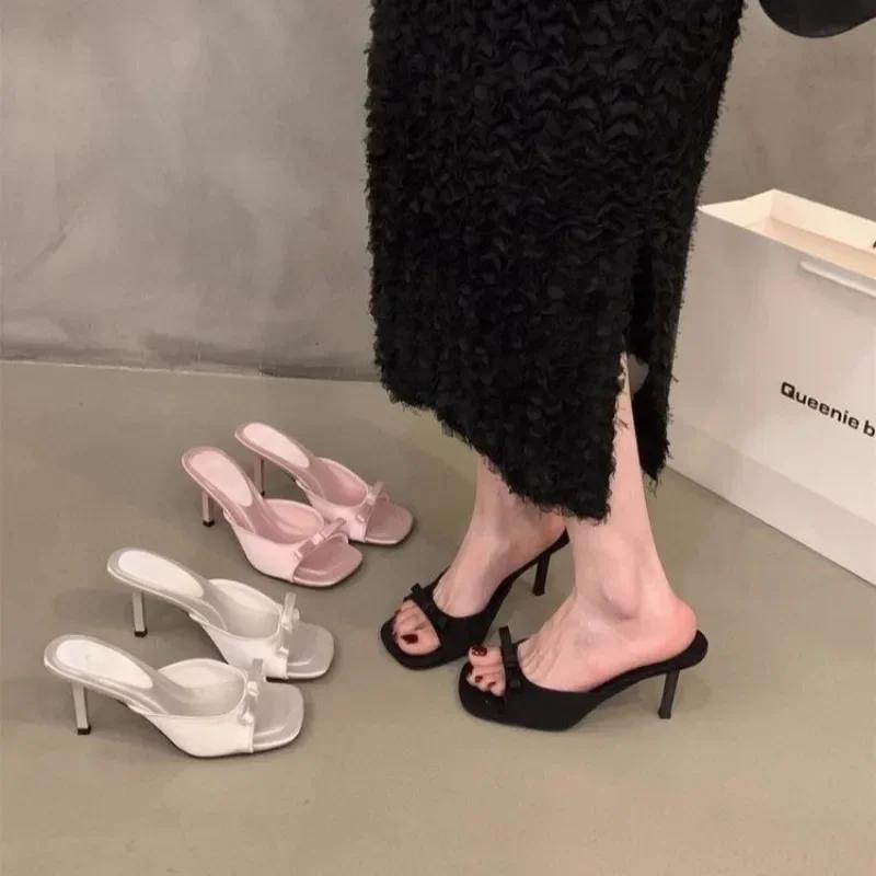 Slipper Low High Heels Shoes Summer Best Street Look Females Square Head Open Toe bow Strappy Sandals Women