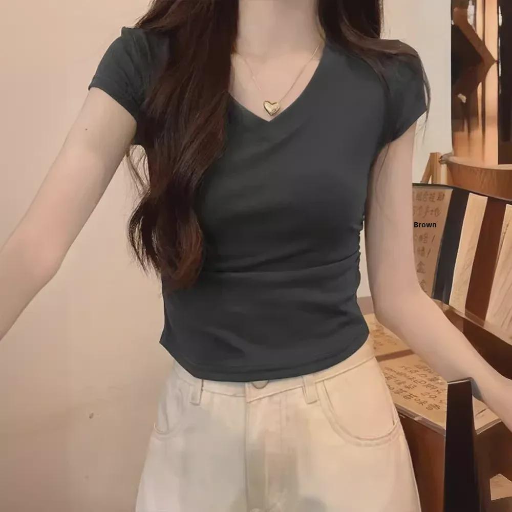 Petite Women's V-Neck Slim Fit Summer T-Shirt: American Style, Sweet & Spicy, Straight Shoulder, Short-Sleeved Top.