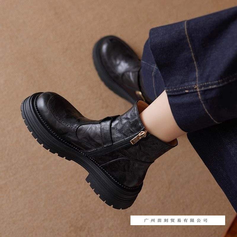 Huge Good-looking Soft Leather Platform British Martin Boots Women's French Short Boots Black Velvet Boots