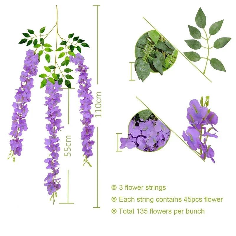 Wisteria Hanging Flowers Artificial Fake Decorative Vine Garland for Bedroom Wall Decor Lush Greenery Fake Flower Vines 115cm