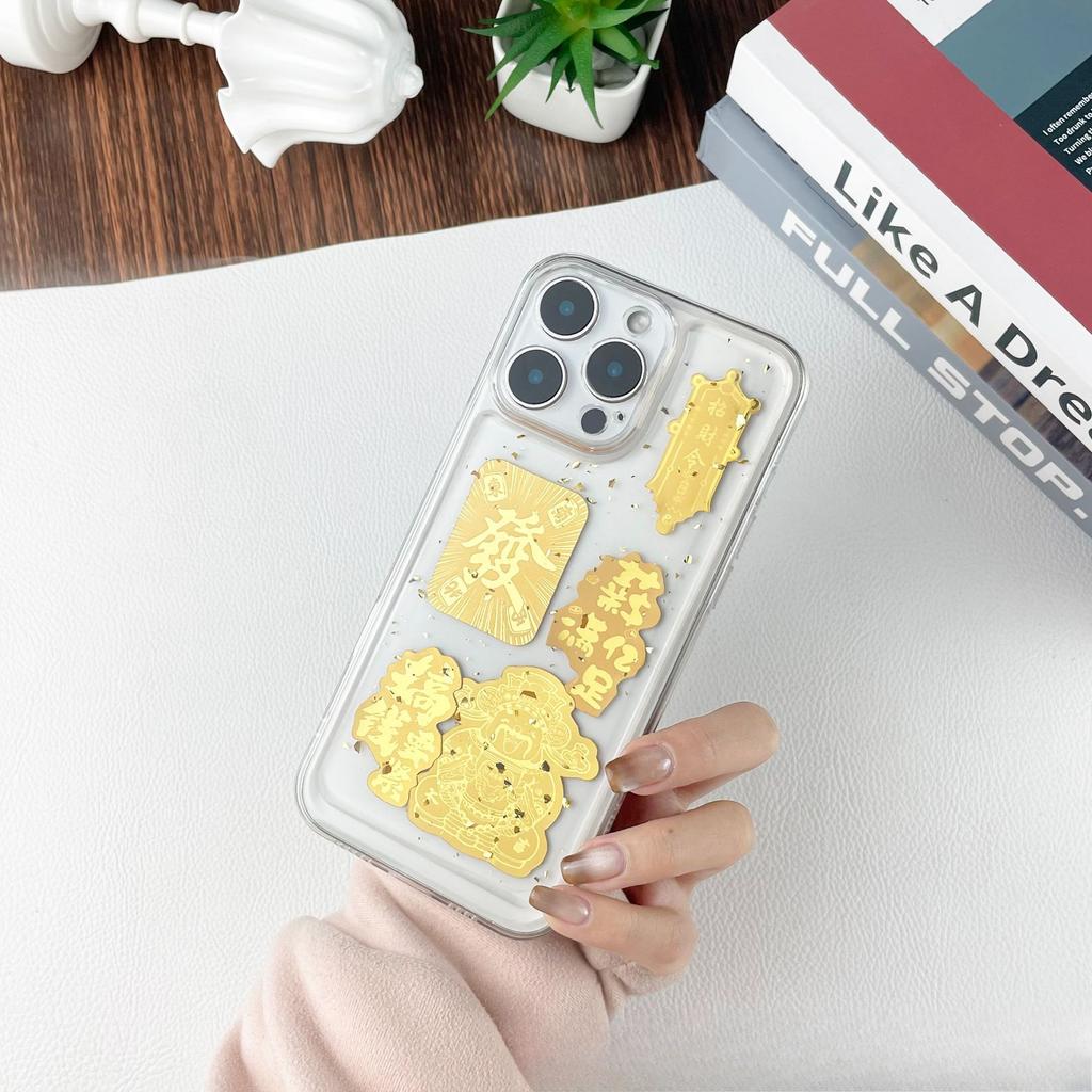 New Year's Mobile Phone Case Gold Foil God of Wealth Is Suitable for Iphone16Pro Transparent Mobile Phone Case Apple 15 Mobile Phone Case Anti-fall