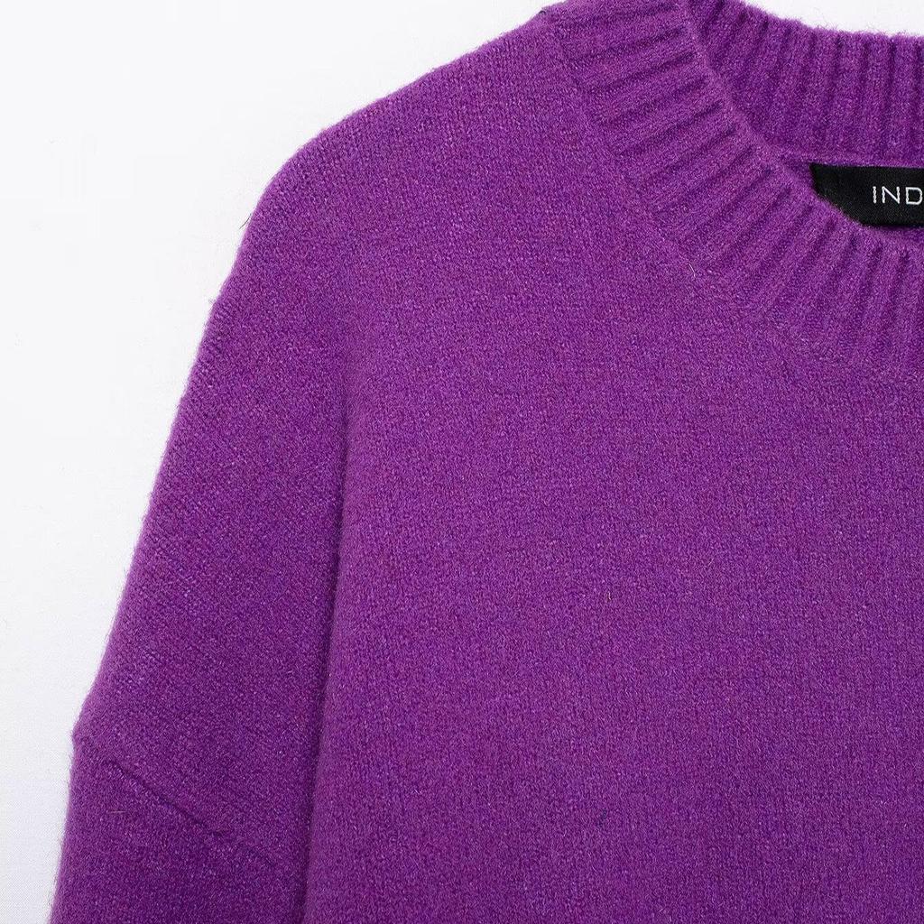 Women's European & American Style Round Neck Solid Color Soft Long Sleeve Knitted Sweater