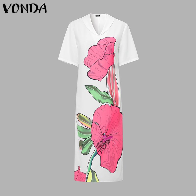 VONDA Summer Women V Neck Half Sleeve Floral Print Back Lace-up Casual Long Dress