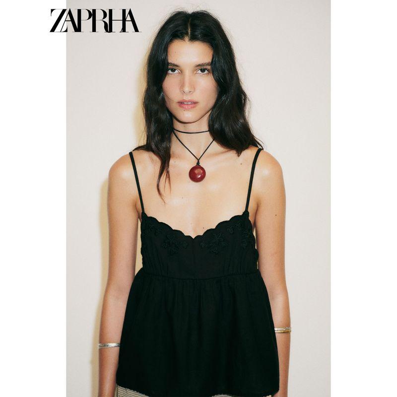 Zaprha 2025 Summer New Gyaru Style Black Flower Heart-Shaped Collar Embroidery Sling Top 0881008