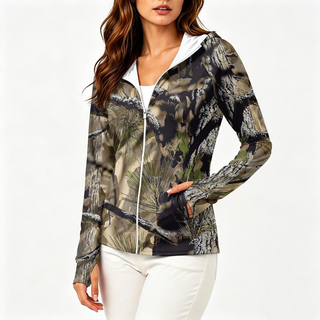 Women Lightweight Zip Up Hoodie Jacket with Hood Long Sleeve Pockets Printed Sun Protection Outerwear for Outdoor Activities