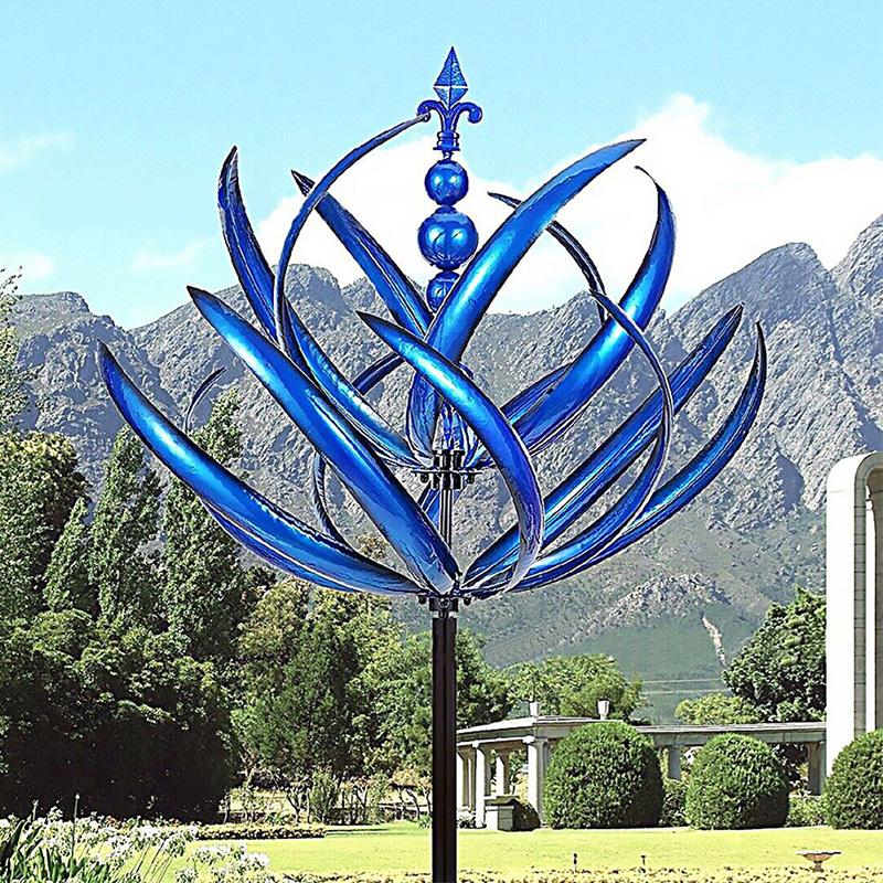 Girasole Cinetico a Forma di Fiore di Loto in Metallo Blu, Mulino a Vento Impermeabile Rotante a 360° per Decorazione di Giardino, Cortile, Prato, Ornamento Scultura Artistica da Esterno Resistente alla Ruggine
