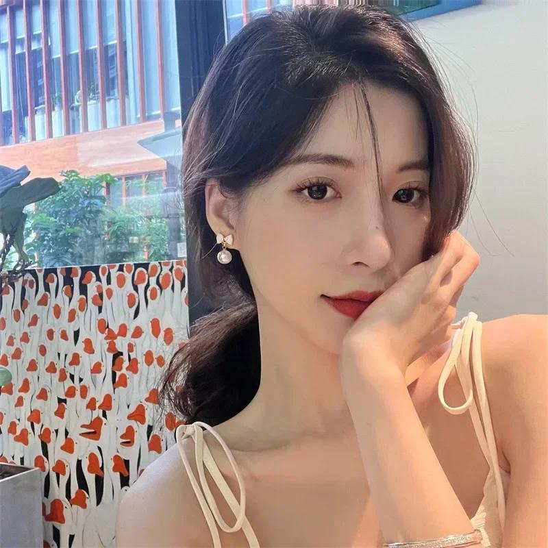 Cute Romantic Bowknot Pearl Earrings for Women Korean Simple Personality Exquisite Pendant Earrings Wedding Jewelry Party Gift