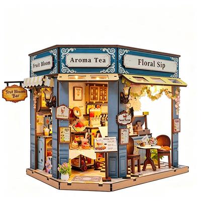 DIY Wooden Dollhouse Fruit Blosom Bar Miniature With Furniture Kit Tea Shop Assemble Toys for Children Adult Birthday Gift