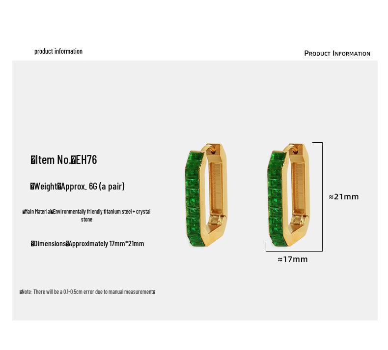 European and American Style Stainless Steel Zirconia Rectangle Earrings for Women