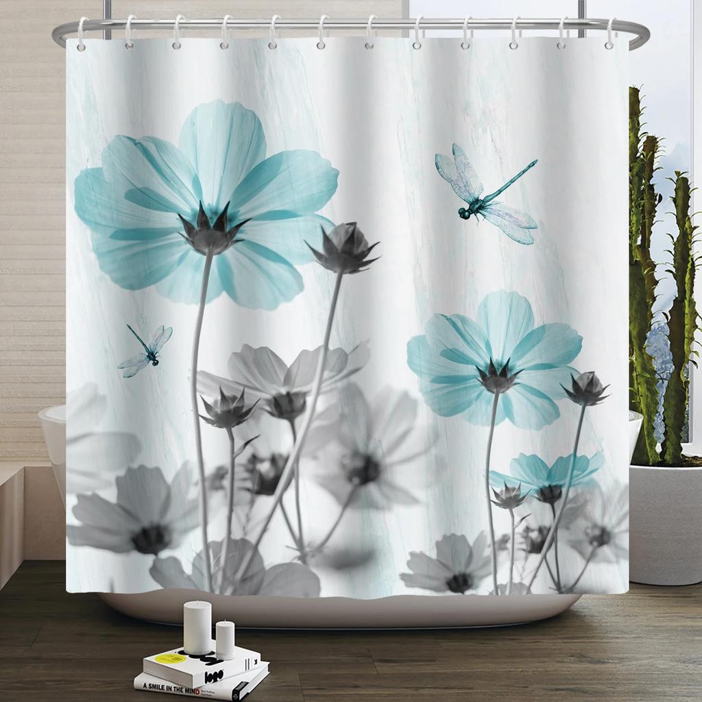 Ink Painting Flower Shower Curtain Elegant Daisy Abstract Floral Bathroom Curtain Creative Simple Waterproof Bath Curtain Decor