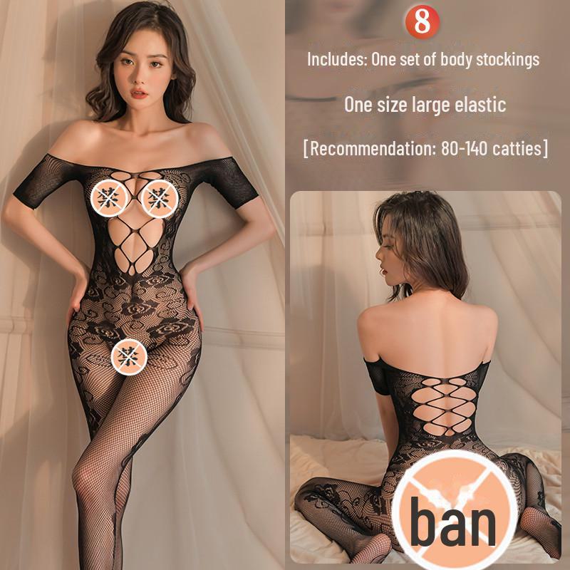 Erotic Black Mesh One-Piece Lingerie Set with Open Stockings - Tempting and Sexy