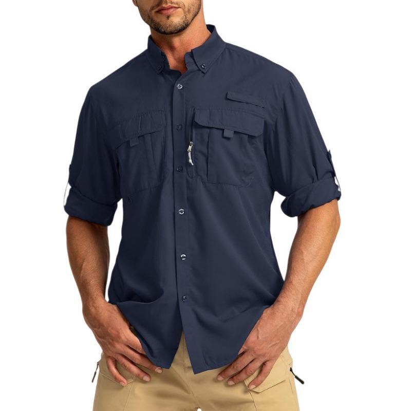 Mens Casual Solid Color Long Sleeve Fishing Button Up Shirt