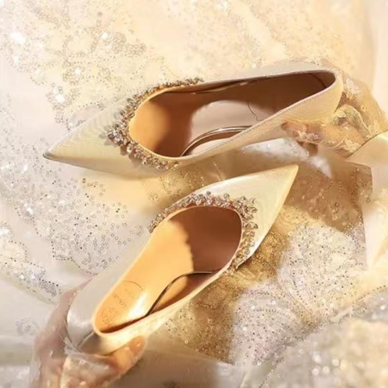 Fashion 2025 Women New Fine Heels Pointy French Temperament Rhinester Single Shoes Bridesmaids Wedding Shoes