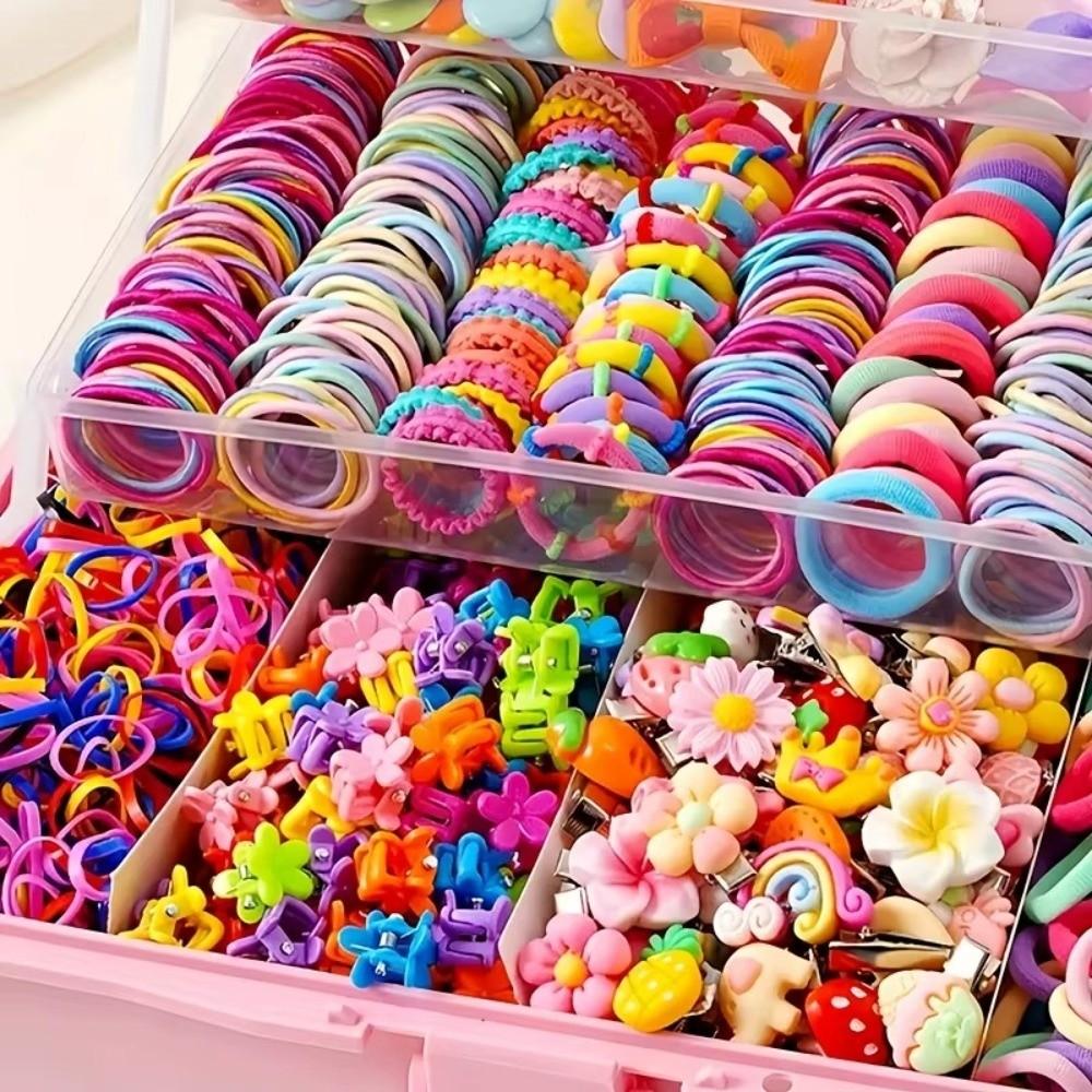 234/287/718/974pcs Elastic Rubber Butterfly Hairpins Flowers Style Kids Hair Ties Kit  Gift Giving