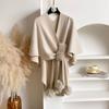 2026 Knit Cape Shawl With Pom Poms Long Cardigan Wrap Coat Women
