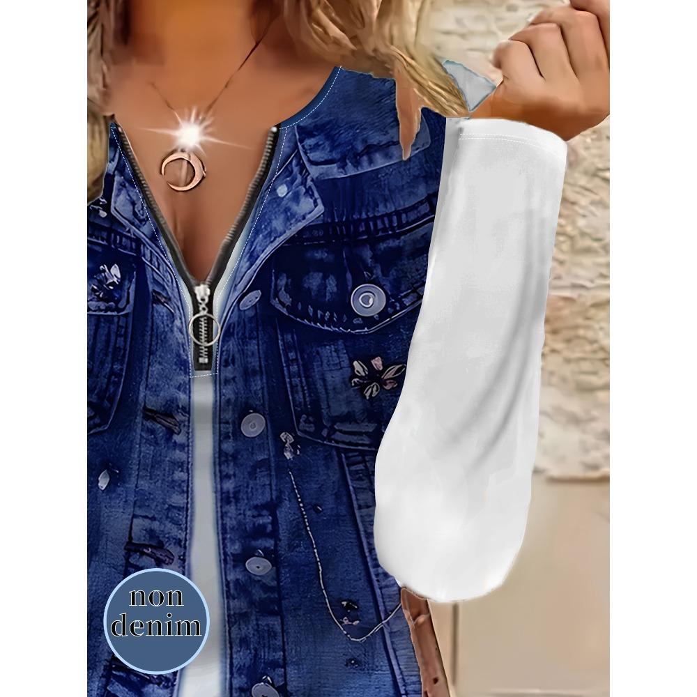 Comfortable trend casual elegant style imitation denim fake two-piece element printing pattern women's garden collar zipper long sleeve