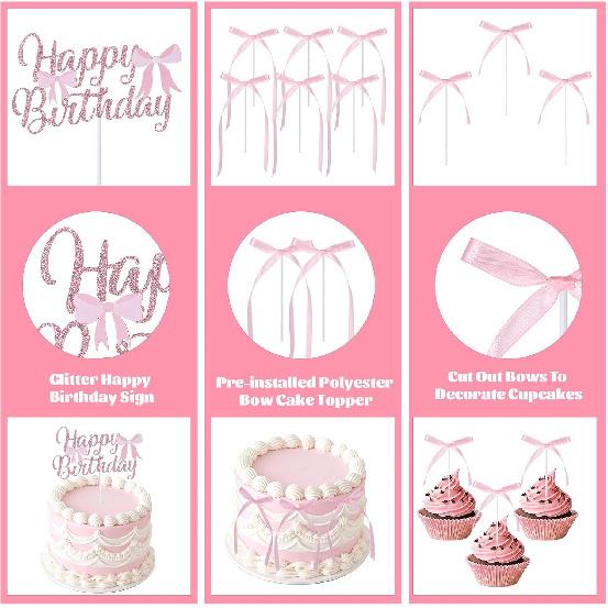 Pink Bow Cake Toppers, Happy Birthday Sign with 12 Pcs Bow Cake Decorations for Pink Ribbion Birthday Decorations Baby Shower Wedding Party Supplies