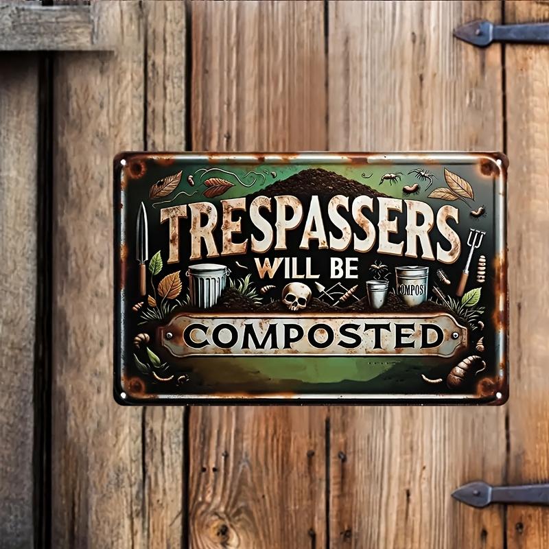 Винтажная металлическая табличка «Нарушителям — компост»  Рустикальное железное настенное искусство с садовыми инструментами  Дизайн с осенними листьями  Юмористическая 20x30cm（7.8x11.8inch）