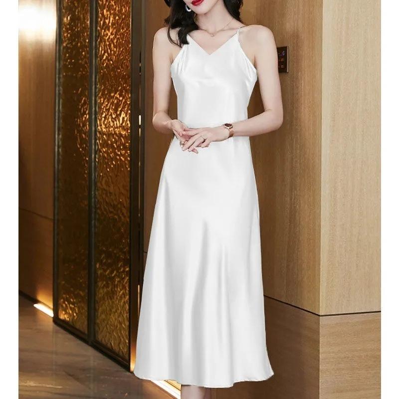 Women's Fashion Summer Spring Solid Color Print Sleeveless V-Neck High Waist Casual Dresses