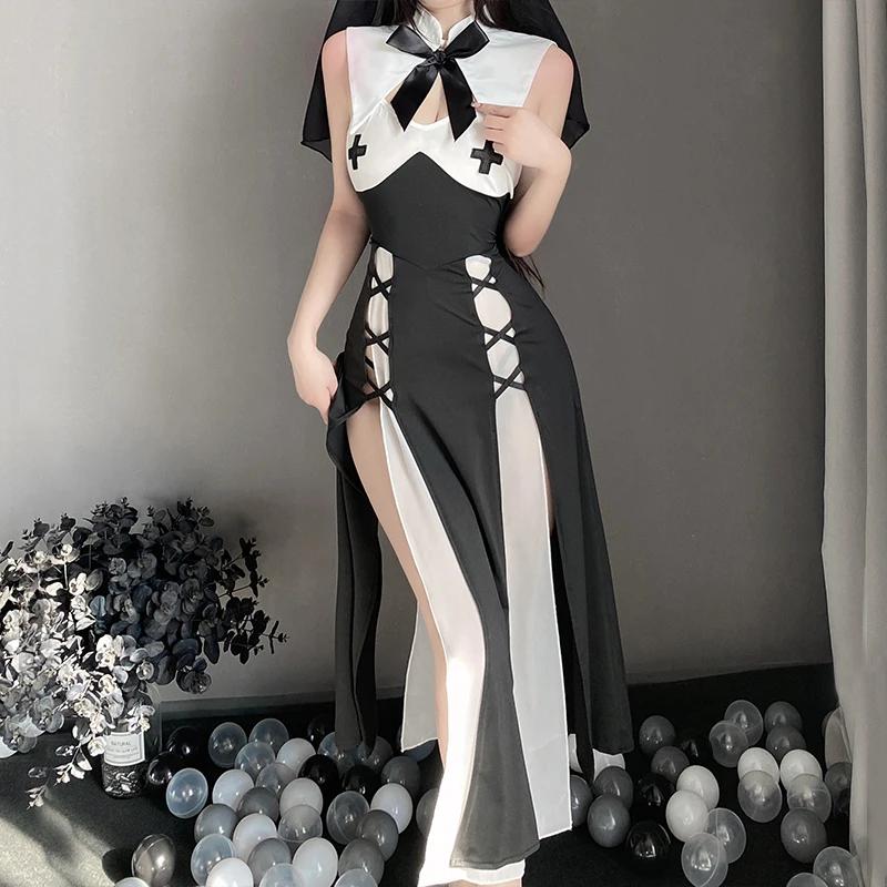 Nun Cosplay Women's Sexy Lingerie Kawaii Black Hollow Out Dress Halloween Passion Uniform Anime Maid Costume Suit