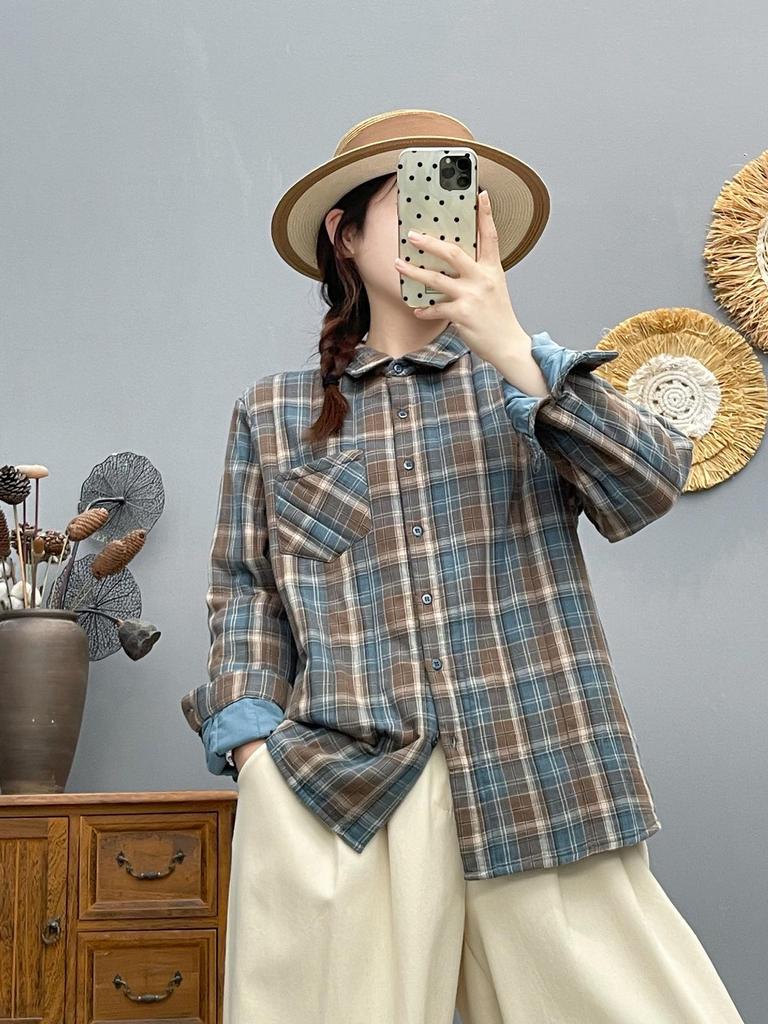 Korean Fashion Plaid Cardigan Shirt Jacket - Women's 2025 Autumn/Winter Warm Base Layer Top