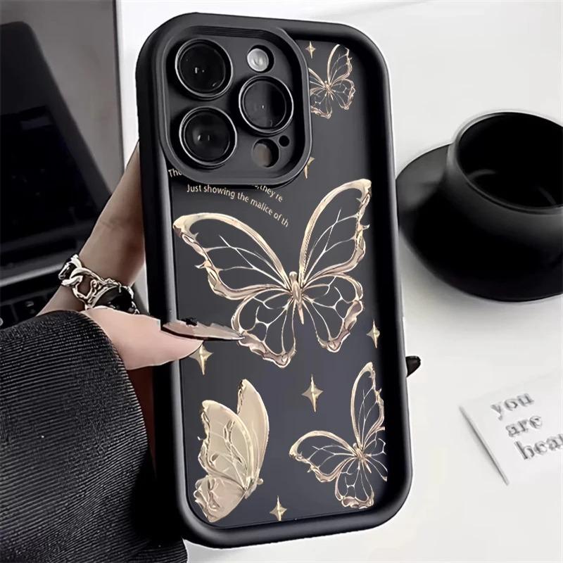 Gold Butterfly Silicone Phone Case For iPhone 16 15 14 Pro Max Cases iPhone 13 12 11 Pro Max Mini XS XR X 7 8 Plus Cover_
