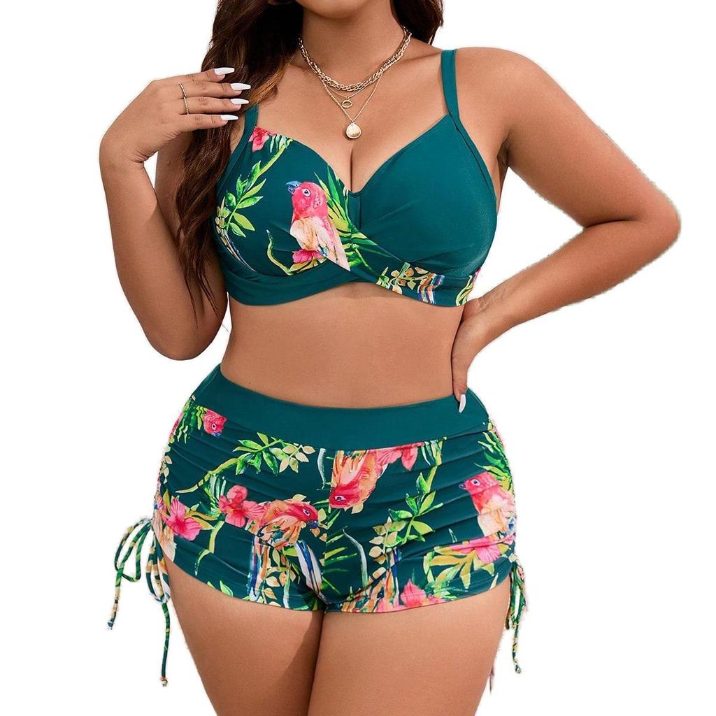 Plus Size European & American Split Bikini Set - New Printed Style with Large Bust Support