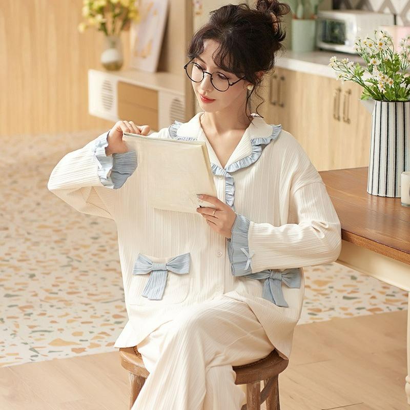 Spring and Autumn Pajamas, Women's Long-sleeved Trousers, Cotton Homewear, Sweet Solid Color Suit