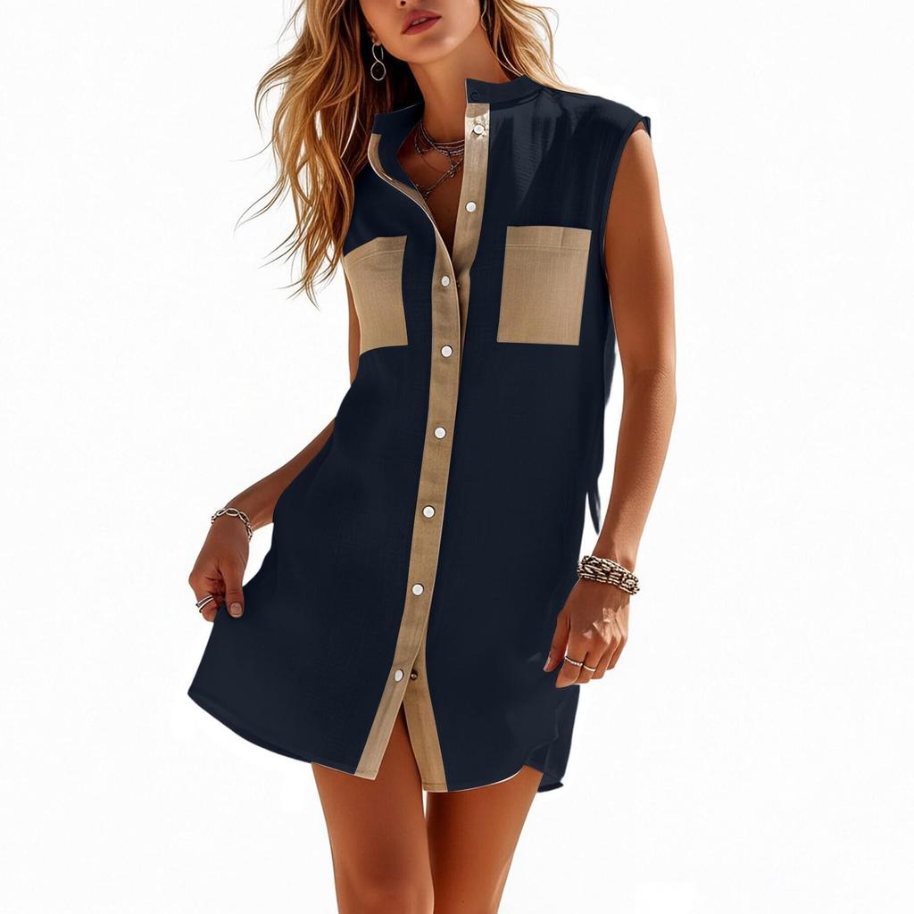 Sleeveless V Neck Shirt Dress Button Down Front Casual Loose Fit Mini Dress with Chest Pockets and Contrast Trim for Women