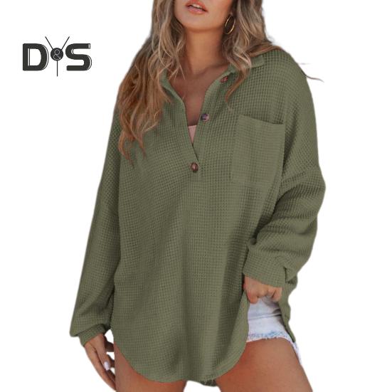Women Tops Lapel Buttons Half Placket Long Sleeve Pullover Tops Solid Color Waffle Texture Stretchy Blouse Daily Wear